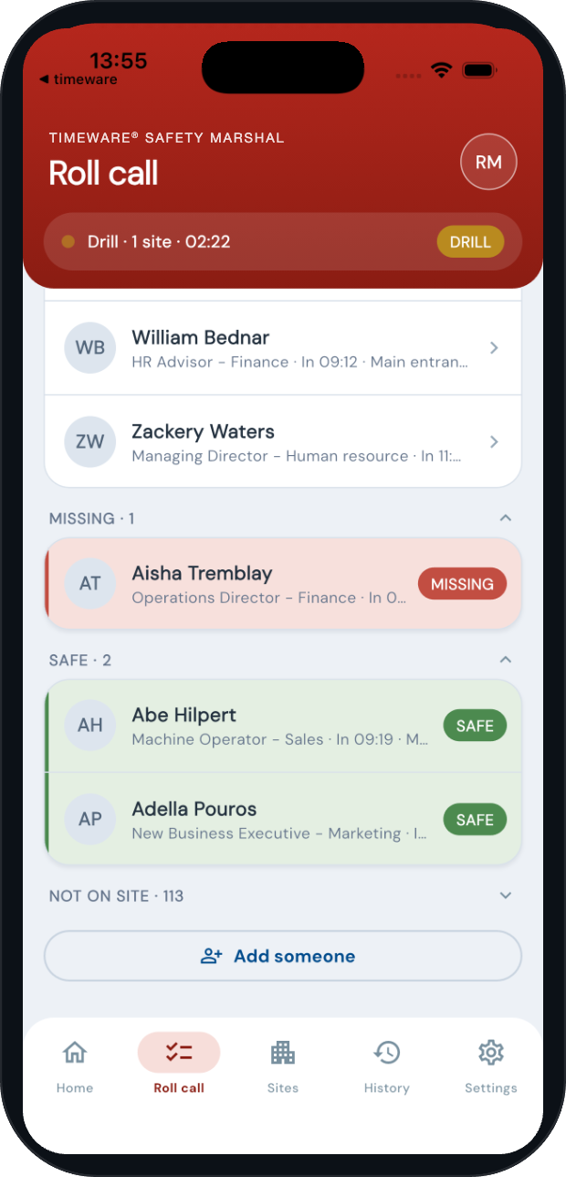 timeware® Safety Marshal App, roll call screen