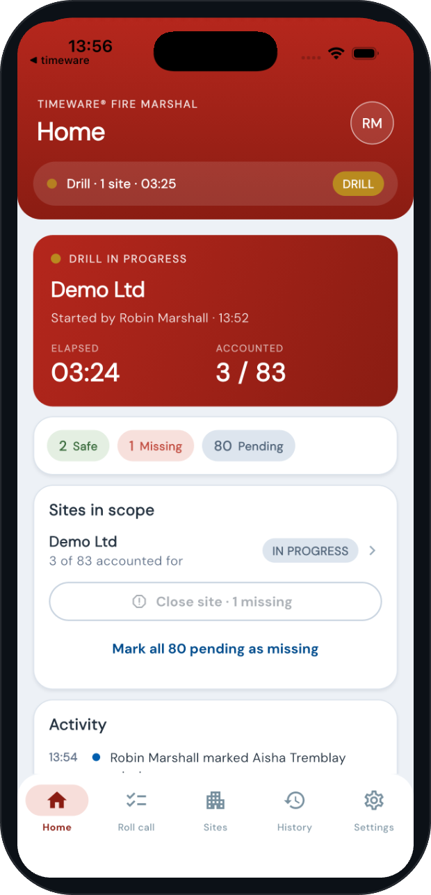 timeware® Fire Marshal, drill in progress: elapsed time, 3 of 83 accounted for, close site with 1 missing